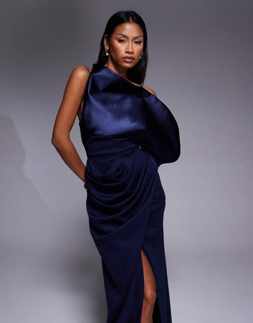 ASOS DESIGN – Premium – Glamouröses Maxikleid in Marineblau mit hohem Beinschlitz , 3 von 4