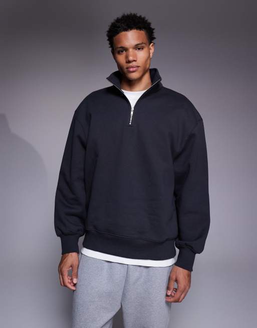 ASOS DESIGN - Premium - Grå oversized trøje med 1/4 lynlås i kraftigt stof på 400 gsm