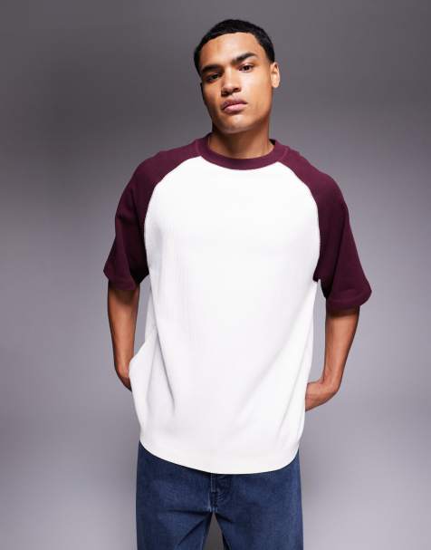 ASOS DESIGN – Premium – Gräddvit, texturerad, ribbad t-shirt i oversize med kontrastfärgade raglanärmar - view 1