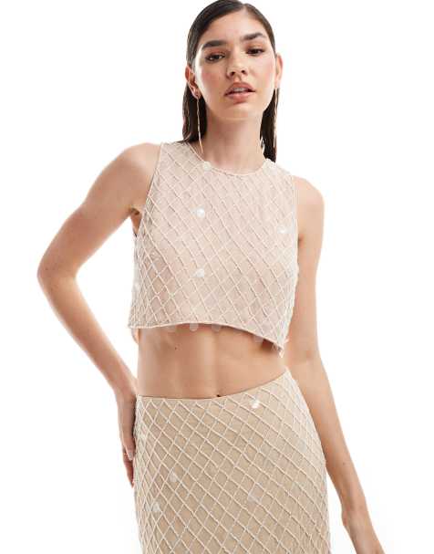 ASOS DESIGN – Premium – Gräddvitt linne med utsmyckat rutnät, del av set - view 1