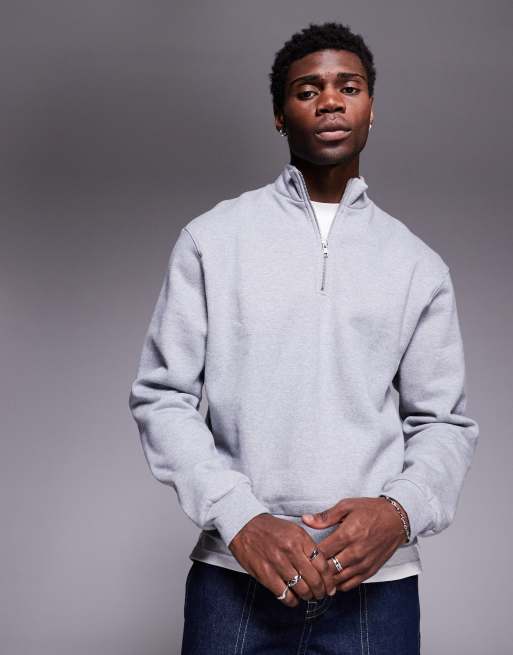 ASOS DESIGN - Premium - Gråmeleret oversized sweatshirt med firkantet pasform og lynlås i halsen i kraftigt stof på 400 gsm