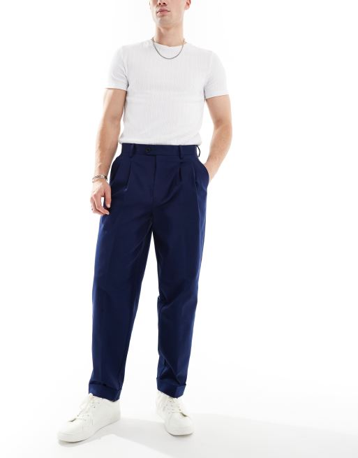 ASOS DESIGN Premium – Granatowe eleganckie chinosy oversize o zwężanym kroju z bawełną
