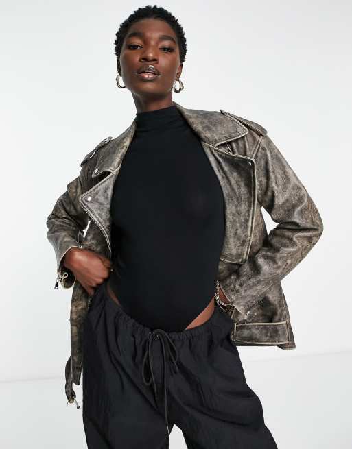 ASOS DESIGN – Premium – Gråtvättad bikerjacka i äkta läder