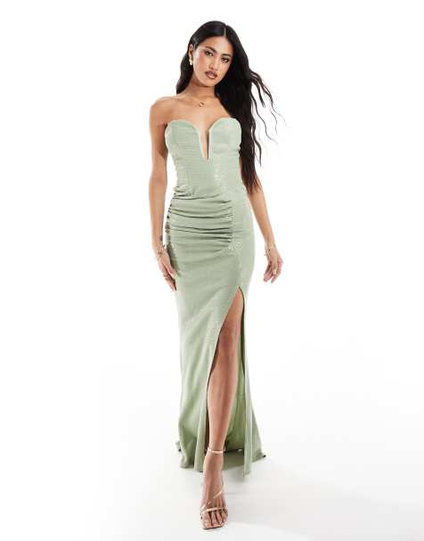 ASOS DESIGN – Premium – Grön, metallisk maxiklänning med bandeau-ringning och djup urringning - view 1