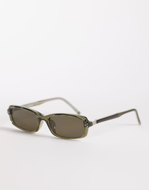 ASOS DESIGN – Premium – Gröna, smala, rektangulära solglasögon med gröna glas - view 1
