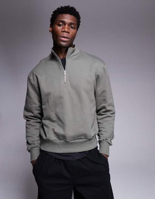 ASOS DESIGN – Premium – Gruba pudełkowa bluza oversize w kolorze khaki o gramaturze 400 g/m² z zamkiem pod szyją