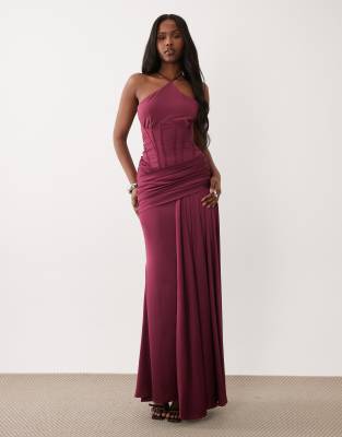 Asos Design Premium Halter Fishtail Half Bow Detail And Corset Maxi Dress With Train In Burgundy