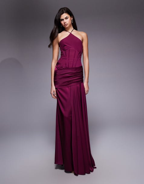 ASOS DESIGN Premium halter fishtail half bow detail and corset maxi dress with train in plum - view 1