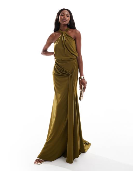 ASOS DESIGN premium halter neck maxi dress with hitched sash detail in dark green