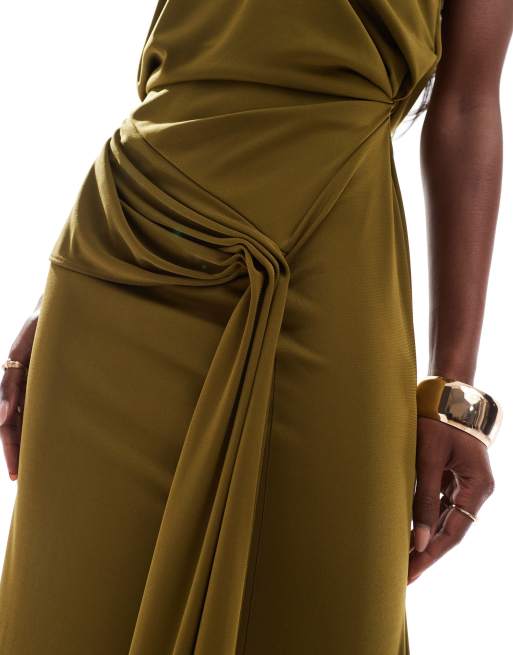 ASOS DESIGN premium halter neck maxi dress with hitched sash detail in dark green