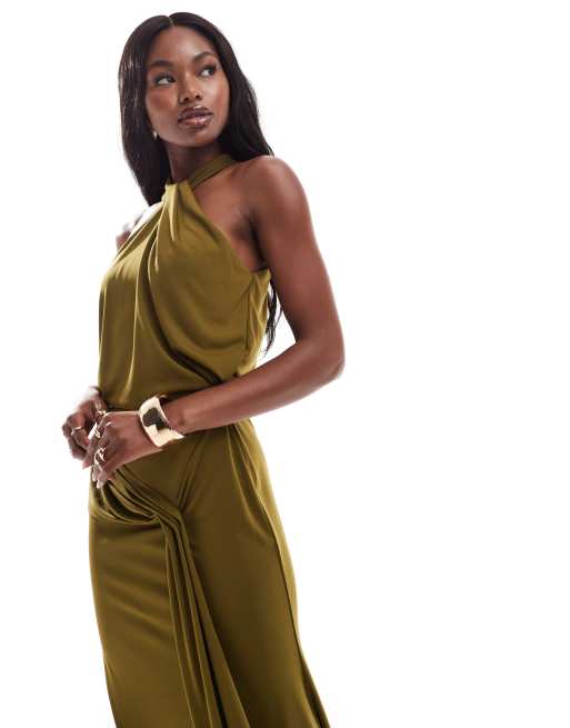 ASOS DESIGN premium halter neck maxi dress with hitched sash detail in dark green