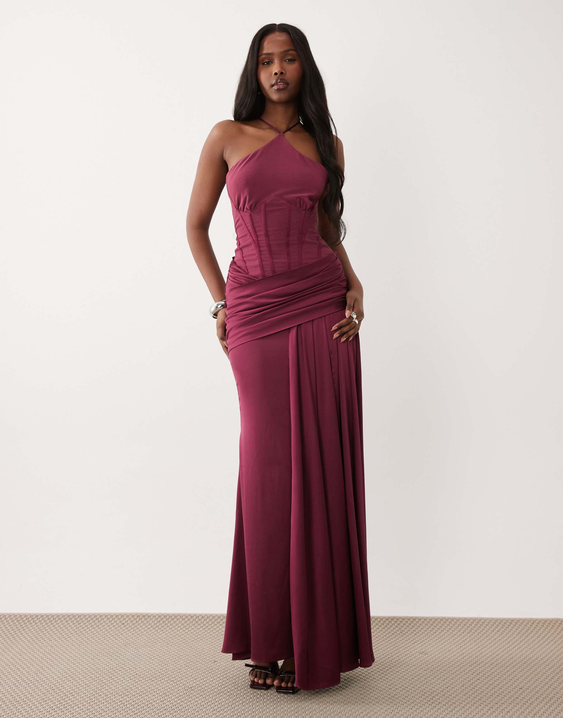asos design premium halterneck corset fishtail maxi dress with drape detail in plum