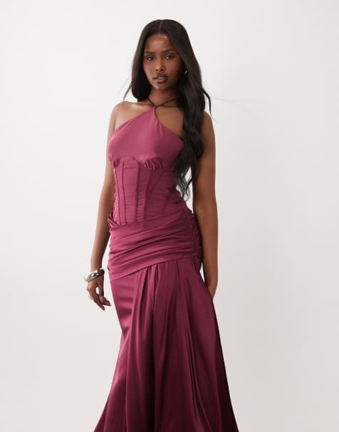 princess polly baby blue dress Burgundy Bridesmaid Dresses Asos Oasis Bridesmaid Ruffle Satin Maxi Dress  In Burgundy ASOS main image 1