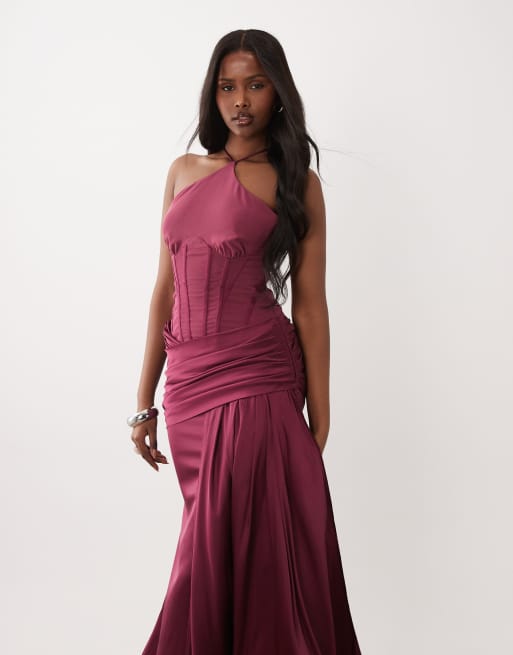 knee length dresses for ladies Square Neck Ruched Corset Fishtail Evening Maxi Dress