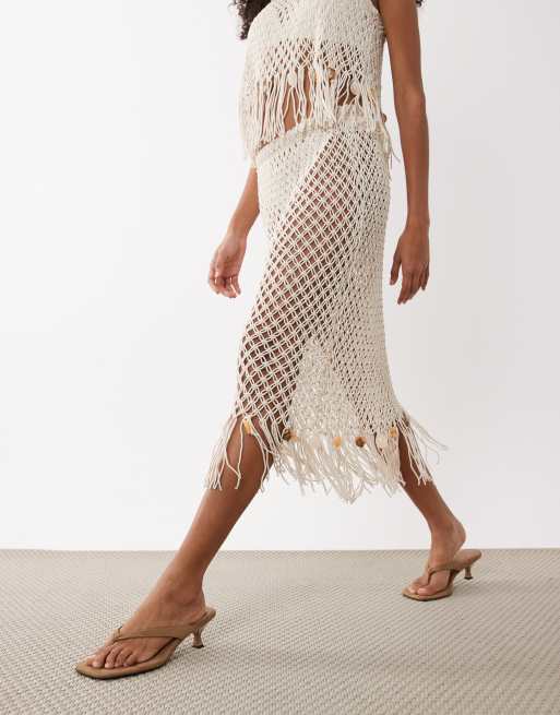 ASOS DESIGN premium hand crochet fringed beaded skirt in white, 3 of 5