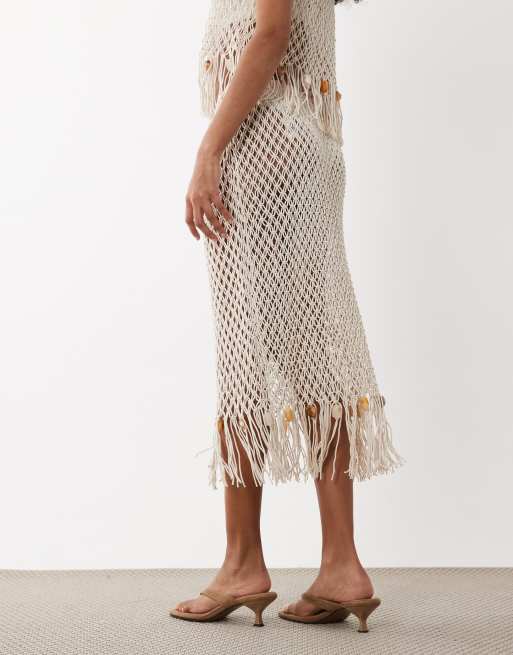ASOS DESIGN premium hand crochet fringed beaded skirt in white, 5 of 5