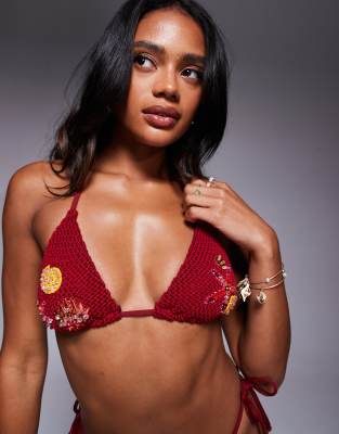 Asos Design Premium Hand Embellished Crochet Triangle Bikini Top-multi In Burgundy
