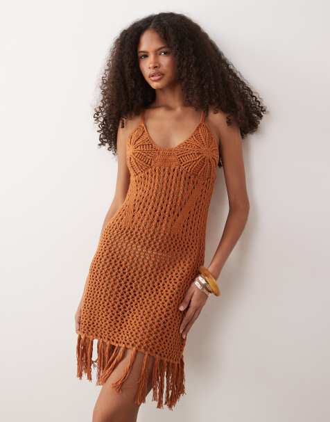 ASOS DESIGN - Premium handgehaakte midi jurk met franjes in roestbruin - view 1