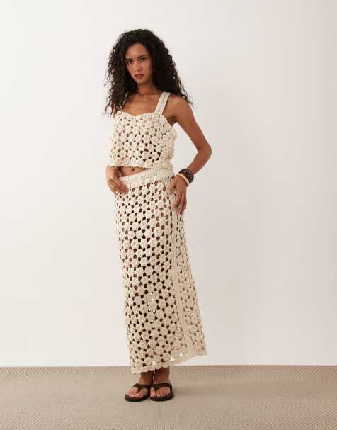 ASOS DESIGN premium handvirkad blommig midikjol i set i cream - view 1