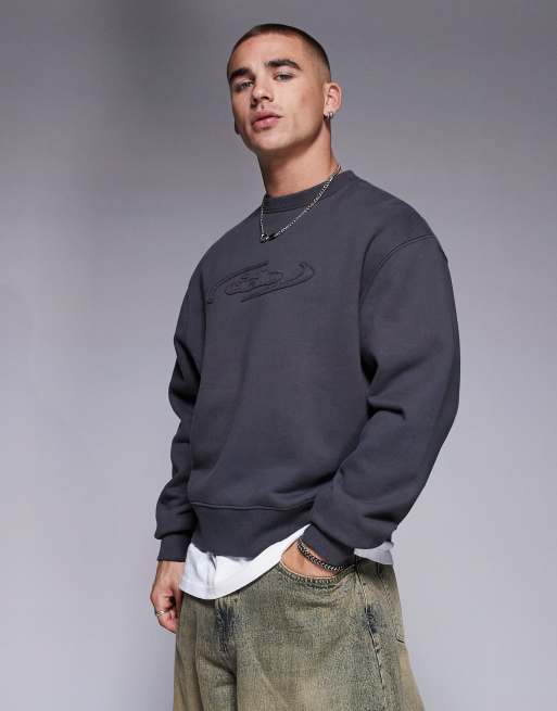ASOS DESIGN premium heavyweight 400gsm boxy oversized crew with chest print and raw edqe applique in charcoal