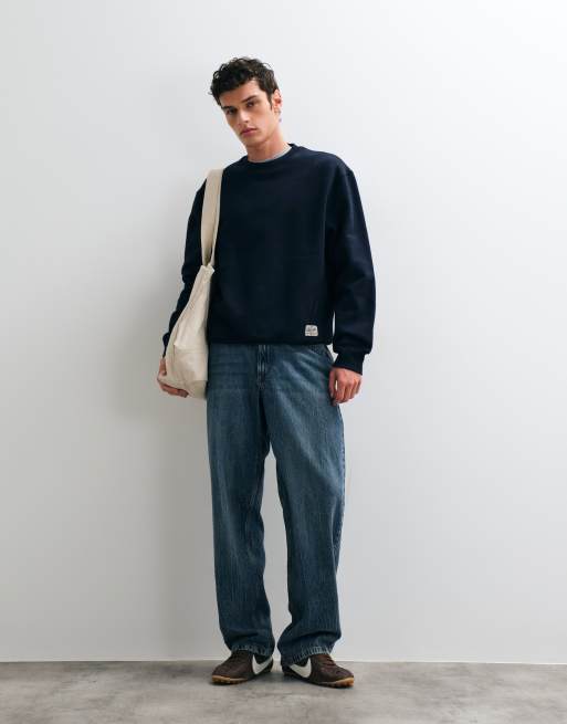 ASOS DESIGN premium heavyweight 400gsm relaxed crew neck sweatshirt in Navy, 3 of 5