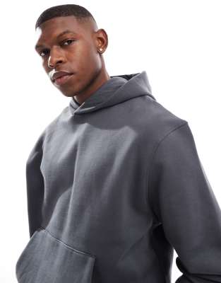 premium heavyweight boxy cropped hoodie 400gsm in washed black-Gray