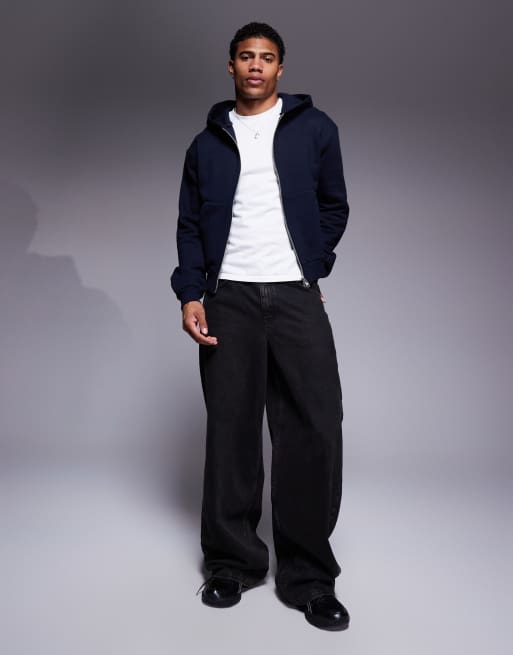ASOS DESIGN premium heavyweight boxy cropped zip through hoodie 400gsm in navy