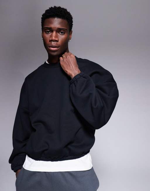 ASOS DESIGN premium heavyweight boxy extreme oversized sweatshirt with elastic cuffs and hem 400gsm in black, 2 of 4