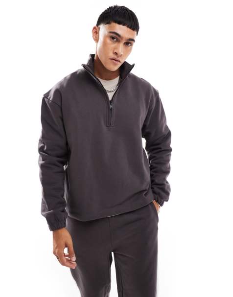 ASOS DESIGN premium heavyweight boxy oversized quarter zip funnel neck sweatshirt in 400gsms in brown - view 1