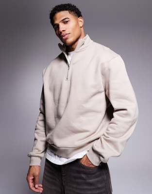 Asos Design Premium Heavyweight Boxy Oversized Quarter Zip Sweatshirt 400gsm In Beige-neutral