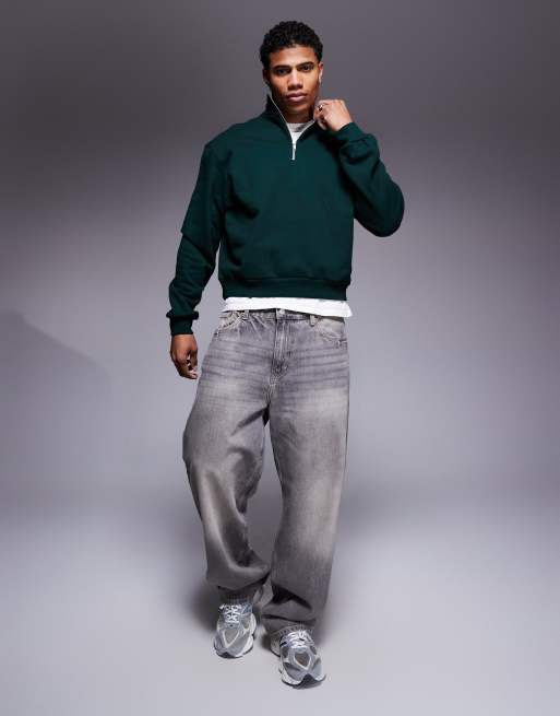 ASOS DESIGN premium heavyweight boxy oversized quarter zip sweatshirt 400gsm in dark green - DGREEN, 2 of 4