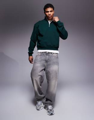 Asos Design Premium Heavyweight Boxy Oversized Quarter Zip Sweatshirt 400gsm In Green