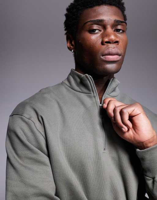 ASOS DESIGN premium heavyweight boxy oversized quarter zip sweatshirt 400gsm in khaki, 2 of 4