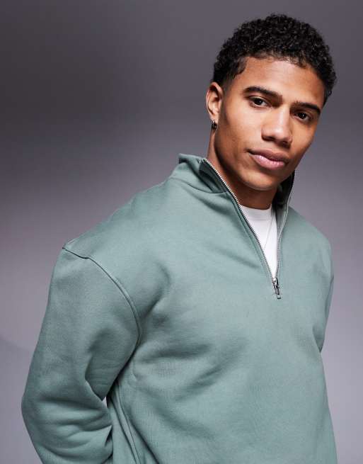 ASOS DESIGN premium heavyweight boxy oversized quarter zip sweatshirt 400gsm in mid green, 3 of 4