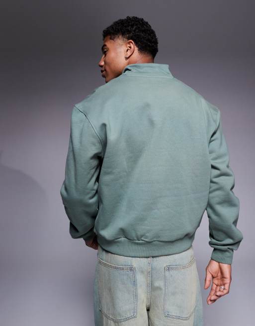 ASOS DESIGN premium heavyweight boxy oversized quarter zip sweatshirt 400gsm in mid green, 4 of 4