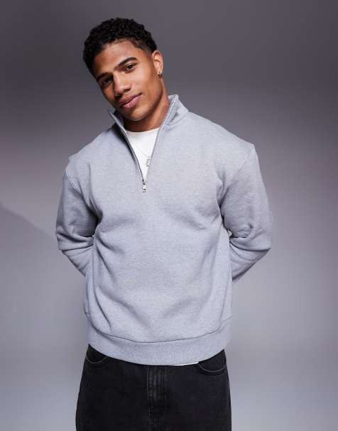 ASOS DESIGN premium heavyweight boxy oversized quarter zip sweatshirt 400gsms in gray heather - view 1