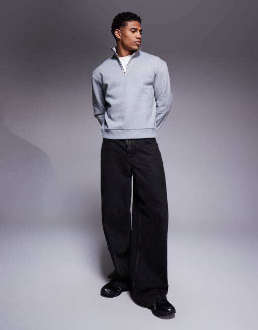 ASOS DESIGN premium heavyweight boxy oversized quarter zip sweatshirt 400gsms in grey marl, 2 of 4