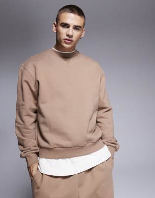 Asos Design Oversized Half Zip Sweatshirt With Contrast Collar In Brown In Brown