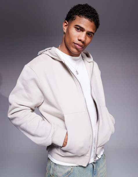 ASOS DESIGN premium heavyweight boxy oversized zip through hoodie 400gsm in beige - view 1