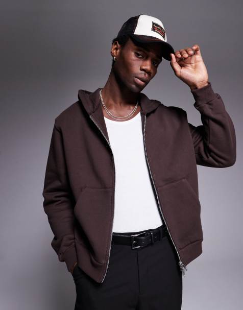 ASOS DESIGN premium heavyweight boxy oversized zip through hoodie 400gsm in brown - view 1