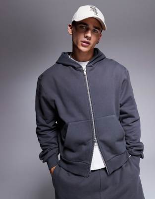 premium heavyweight boxy oversized zip through hoodie 400gsm in washed black-Gray