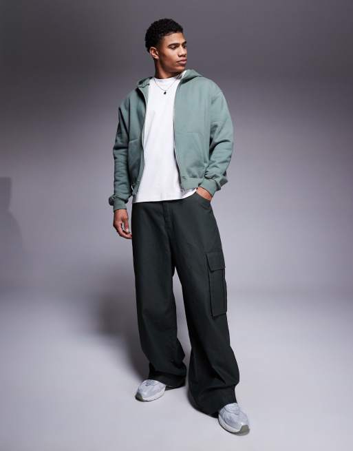 ASOS DESIGN premium heavyweight boxy oversized zip through hoodie in 400gsm in mid green - KHAKI, 2 of 4