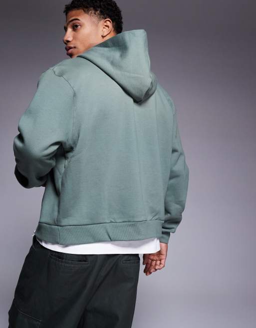 ASOS DESIGN premium heavyweight boxy oversized zip through hoodie in 400gsm in mid green - KHAKI, 4 of 4