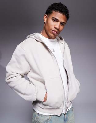Asos Design Premium Heavyweight Boxy Oversized Zip Up Hoodie 400gsm In Neutral