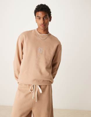 Asos Design Premium Heavyweight Crew Neck Sweatshirt With Embroidery