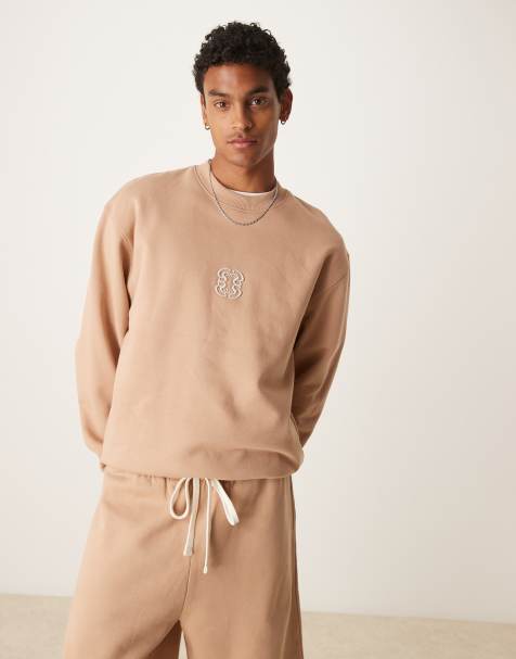 ASOS DESIGN premium heavyweight crew sweatshirt with embroidery in neutral - view 1