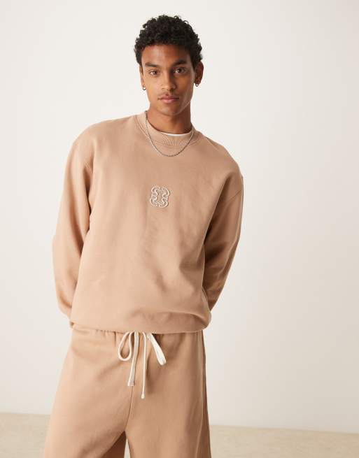 ASOS DESIGN premium heavyweight crew sweatshirt with embroidery in neutral