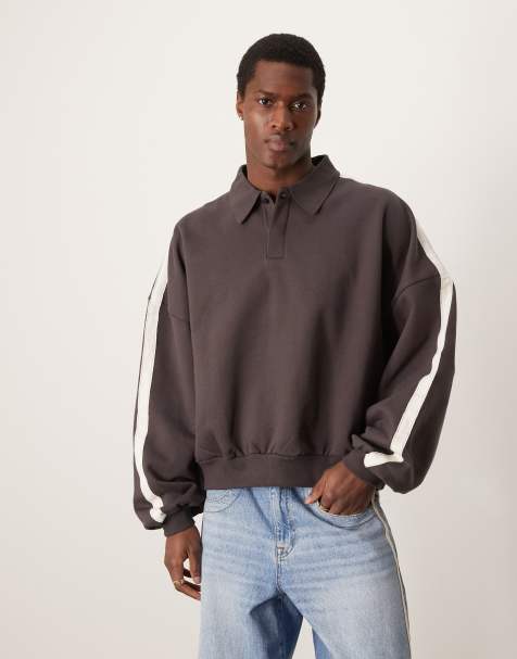 ASOS DESIGN premium heavyweight extreme oversized rugby sweatshirt with taping detail in 400gsm in dark brown - view 1