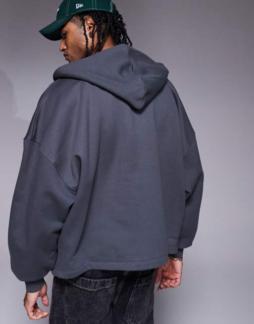 ASOS DESIGN premium heavyweight extreme oversized zip through hoodie in 400gsm washed black, 4 of 4