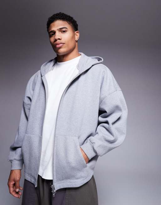 ASOS DESIGN premium heavyweight extreme oversized zip up hoodie with fixed hem in 400gsm gray heather, 2 of 4